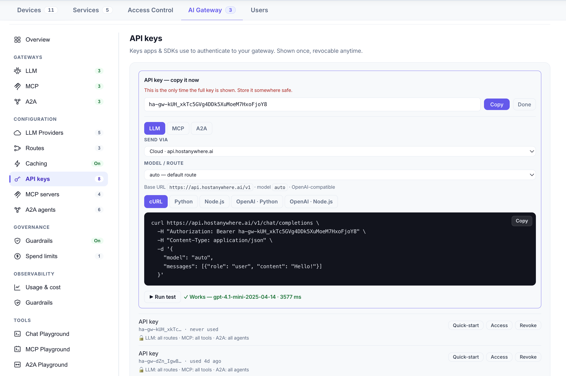 Gateway API keys (ha-gw-…), each scopeable to just what an app needs.