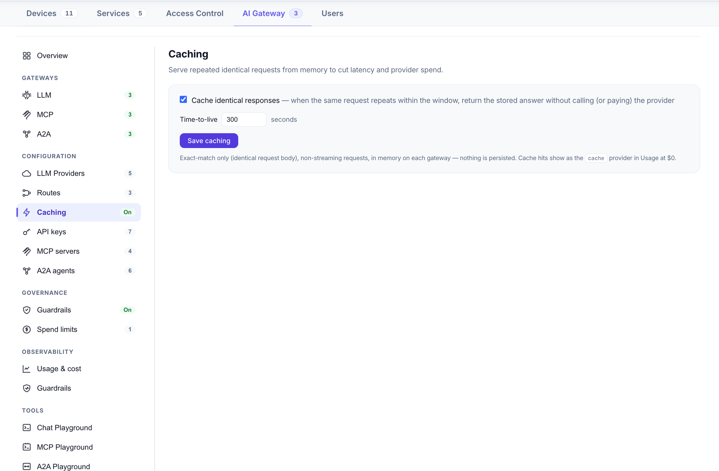 Response caching — opt-in, in-memory per gateway, with a configurable TTL.