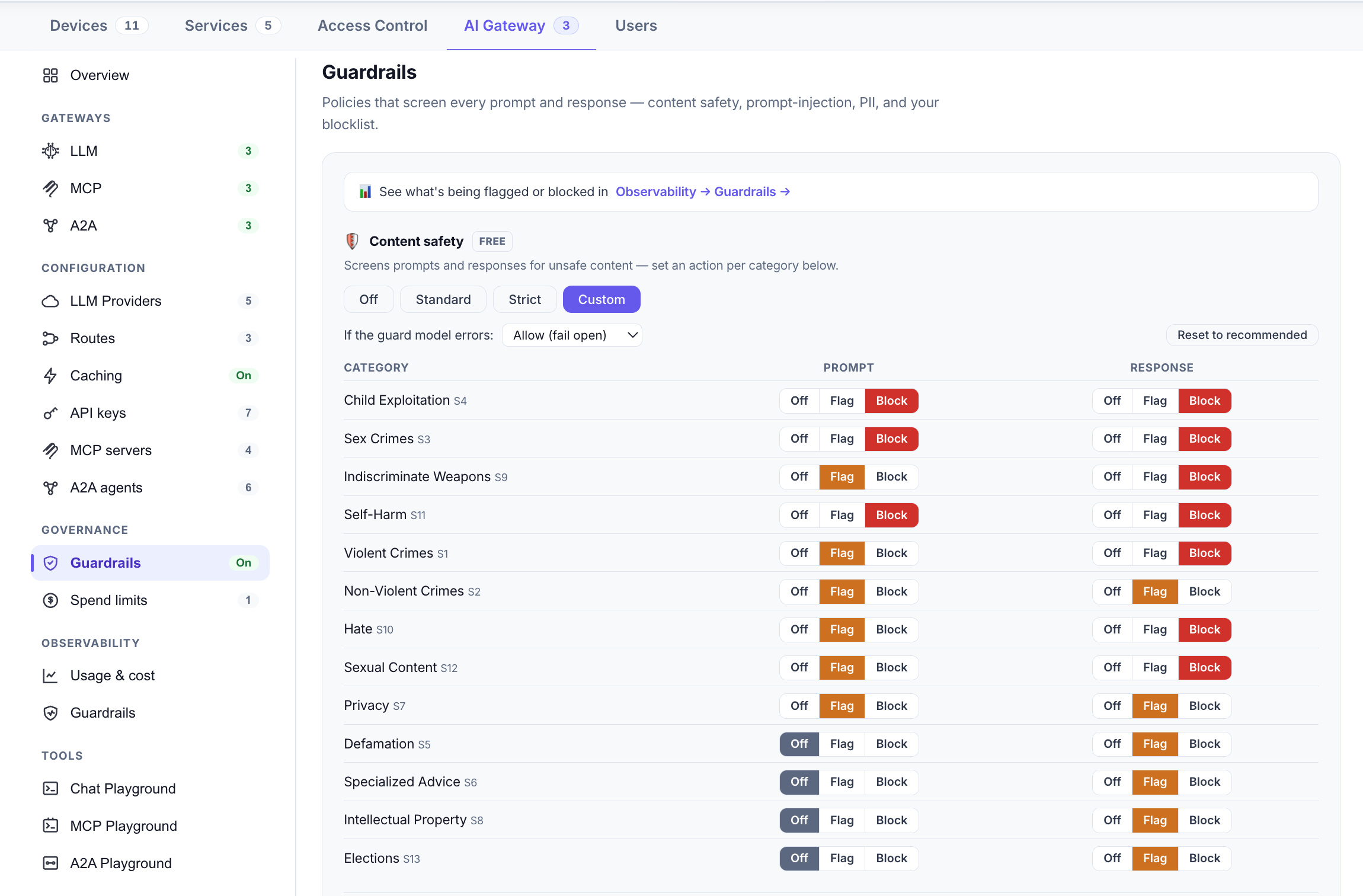 Content safety: a per-category Off / Flag / Block policy for prompts and responses — free on every plan.