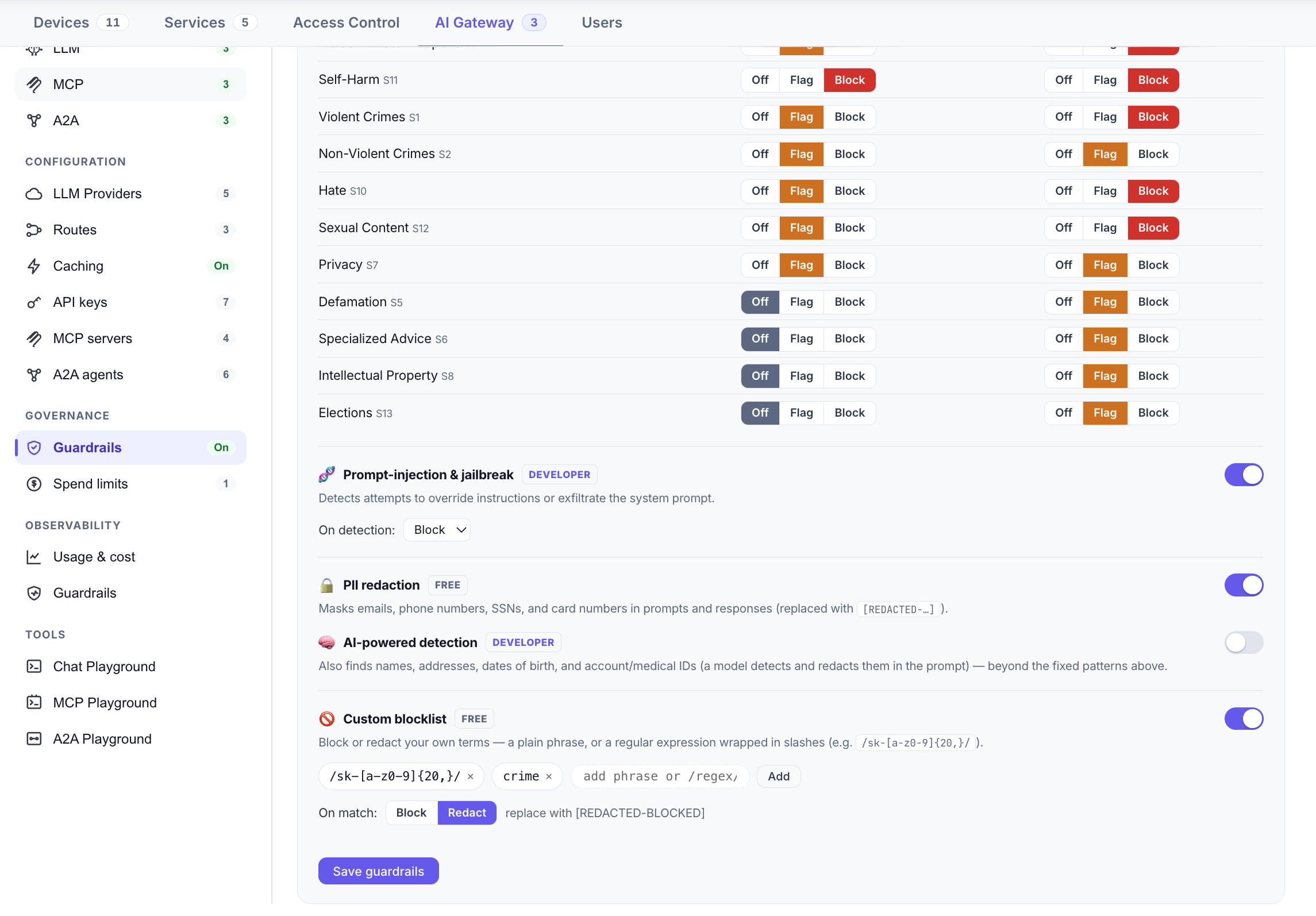 The guardrail layers — prompt-injection and AI-powered PII detection are paid (Developer); PII redaction and the blocklist are free.