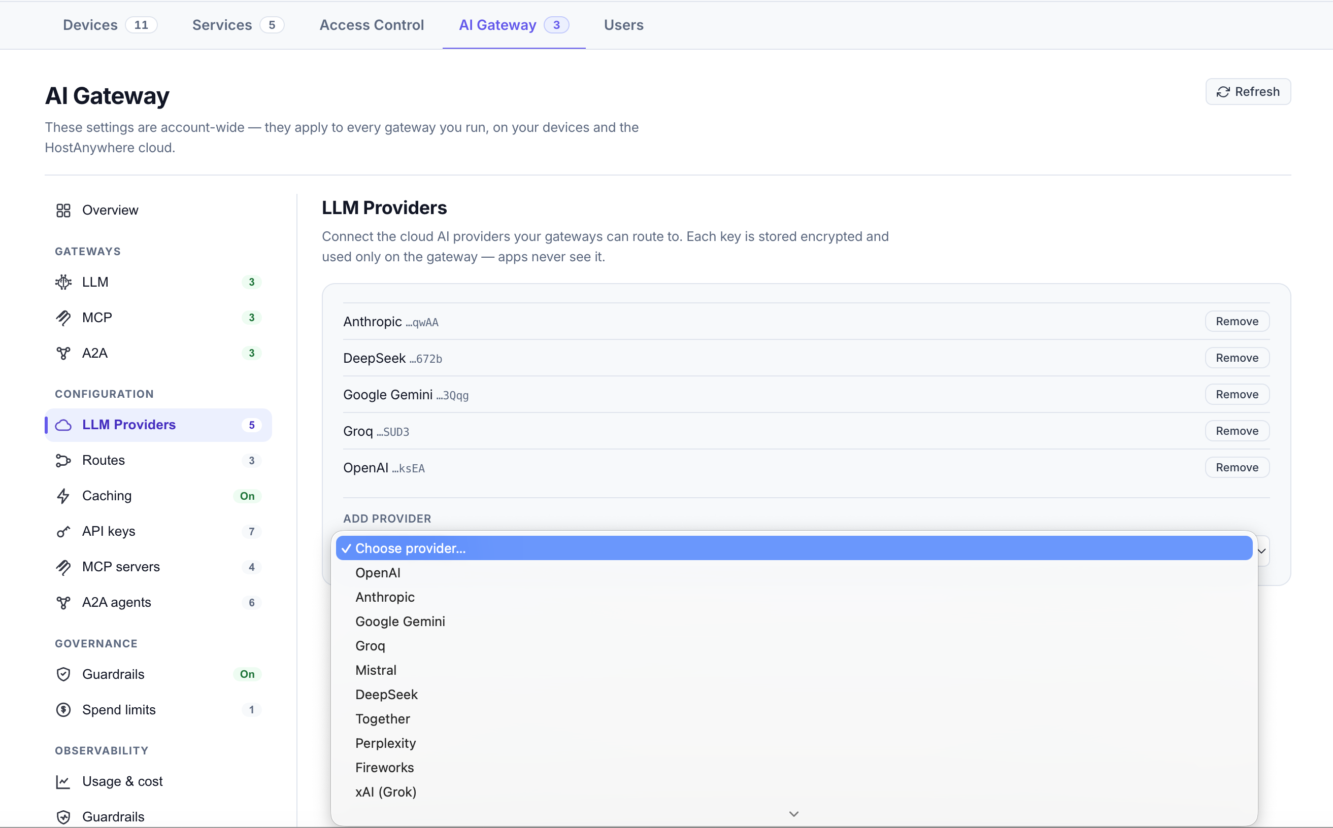 Connect providers once; keys are stored encrypted and injected server-side.