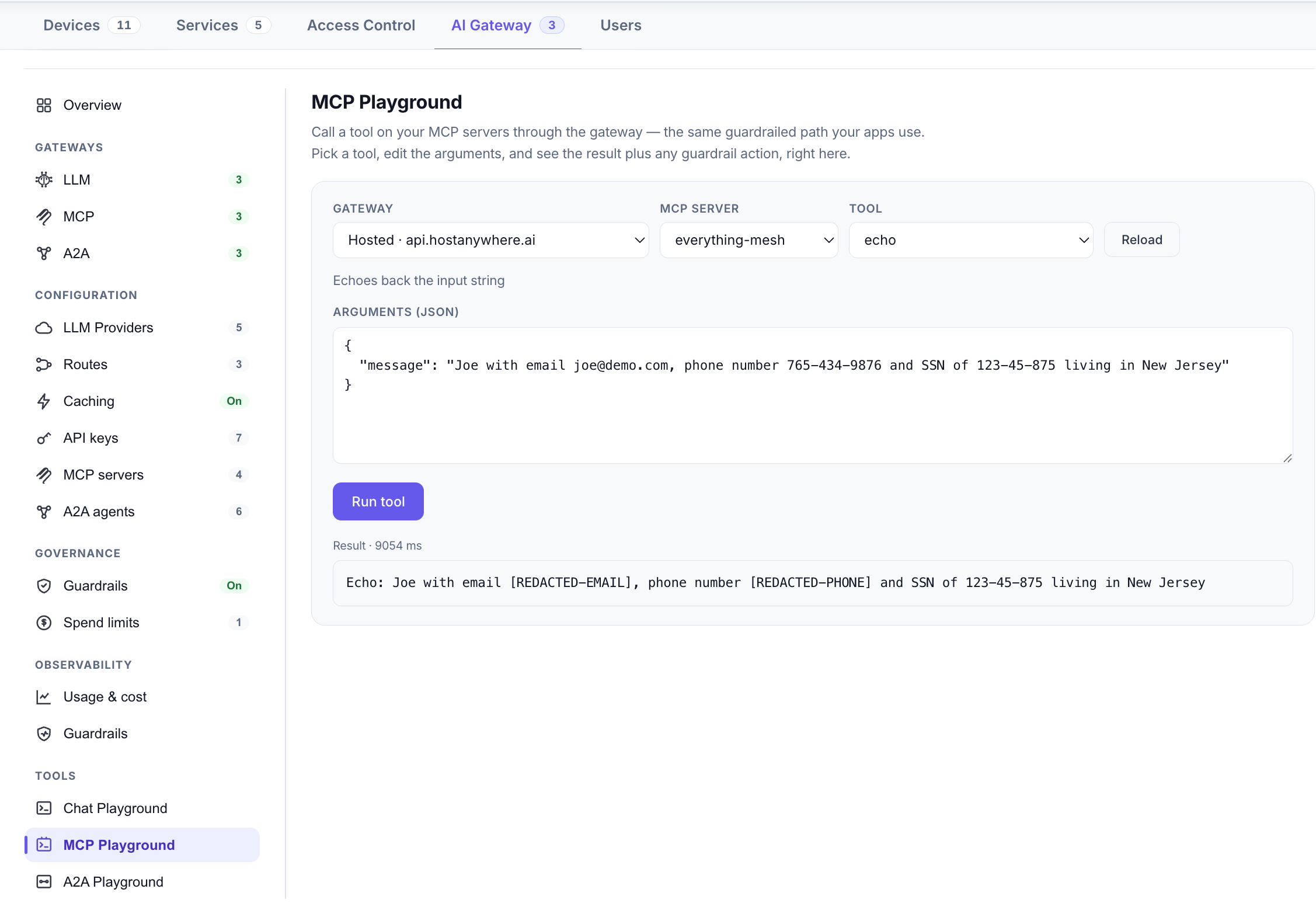 The MCP Playground — list and call tools with guardrails applied, no code required.