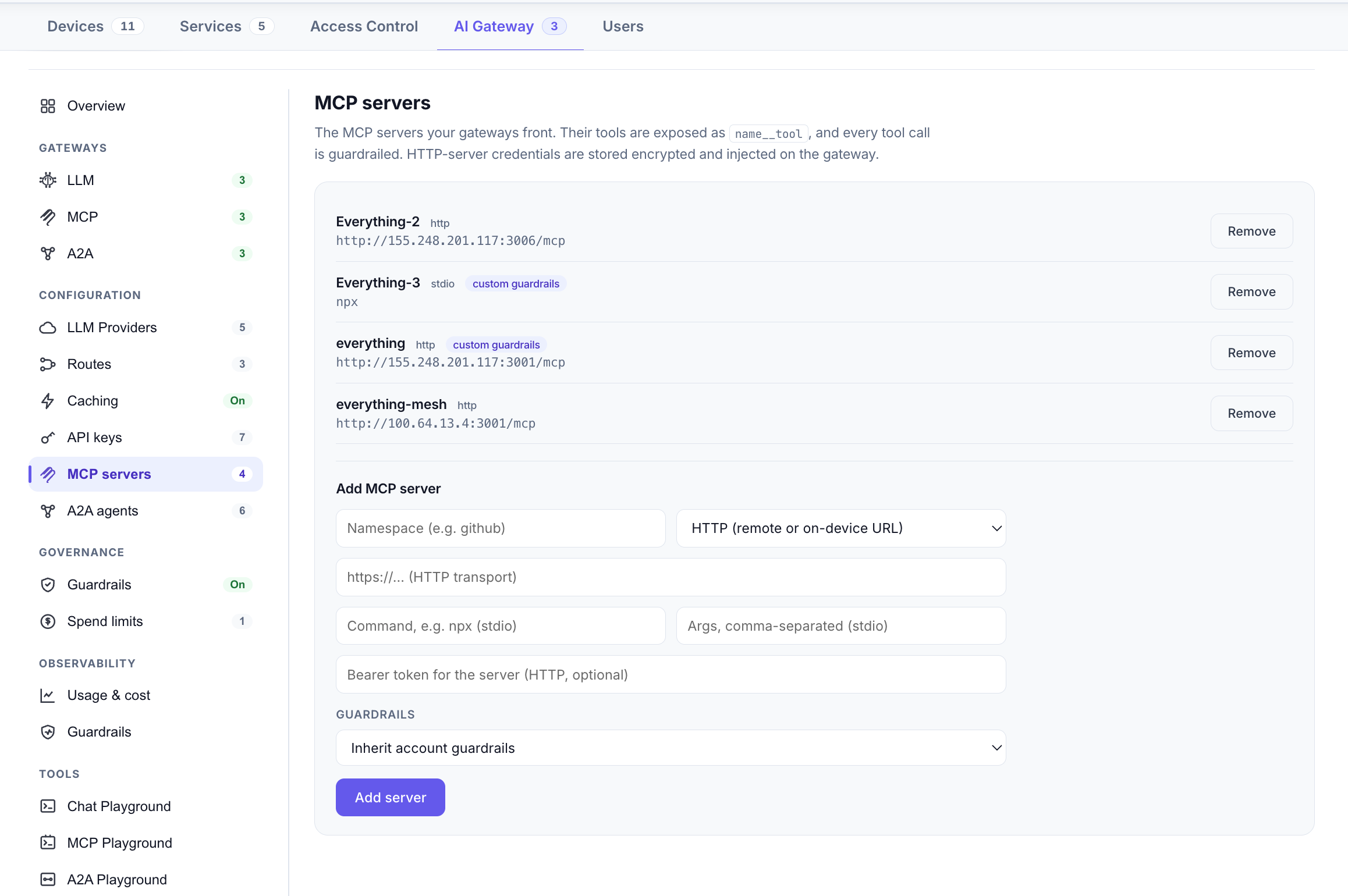Registered MCP servers (HTTP or stdio), aggregated into one namespaced tool list.