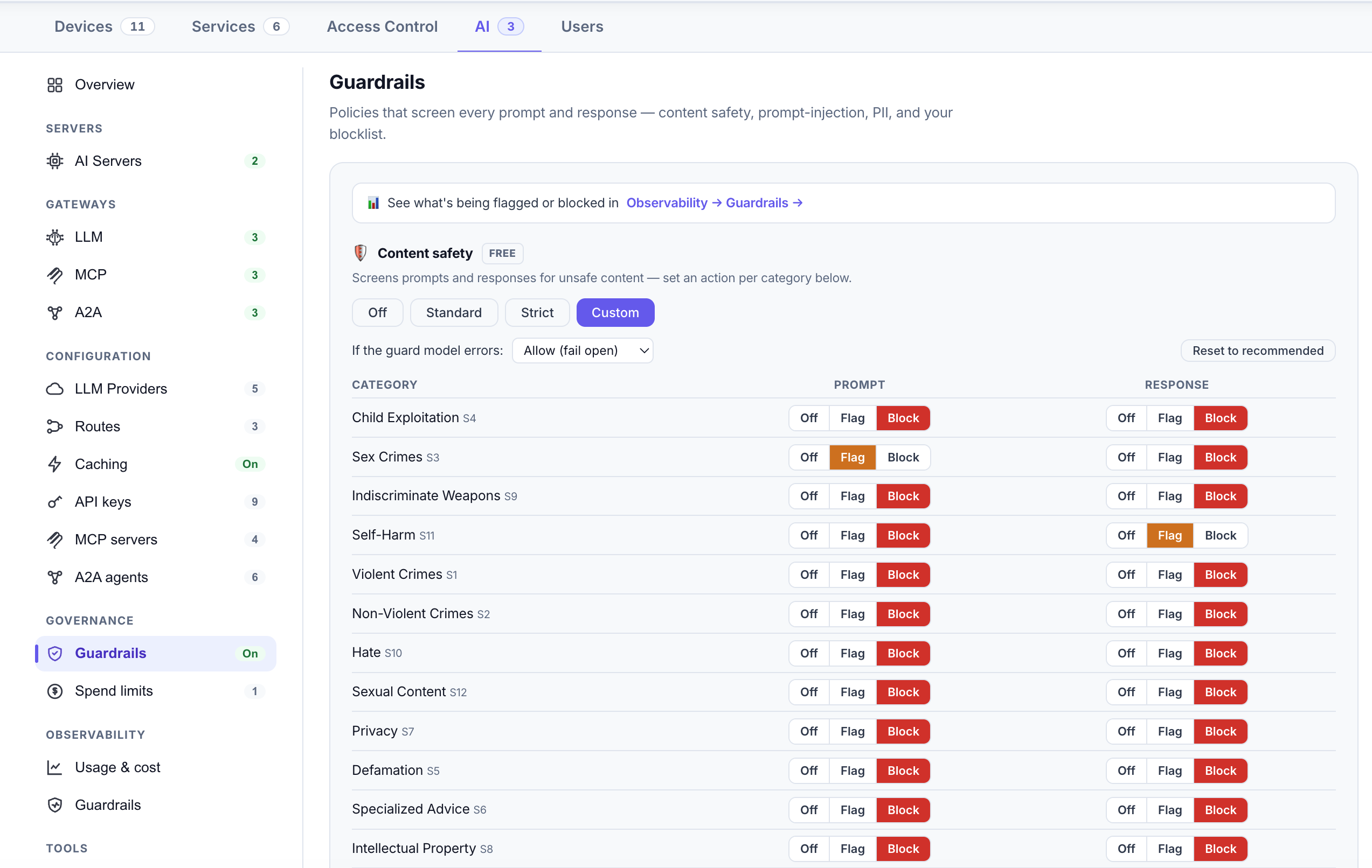 AI → Guardrails: the Content safety table with Off/Flag/Block per category for prompt and response, presets Off/Standard/Strict/Custom, and the fail-open selector