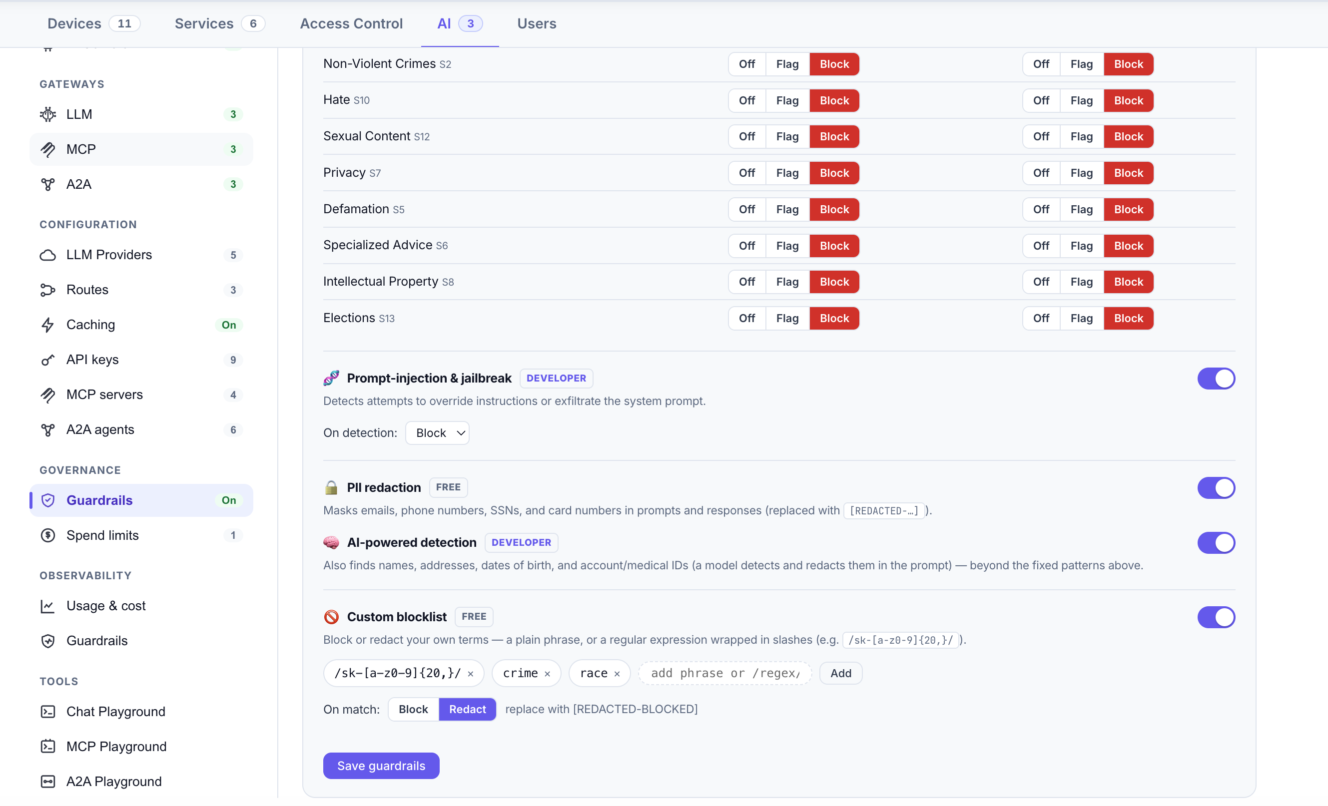 Guardrails settings: prompt-injection and jailbreak detection set to Block, PII redaction on, AI-powered detection on, and a custom blocklist containing a regex for API keys and two phrases, set to Redact