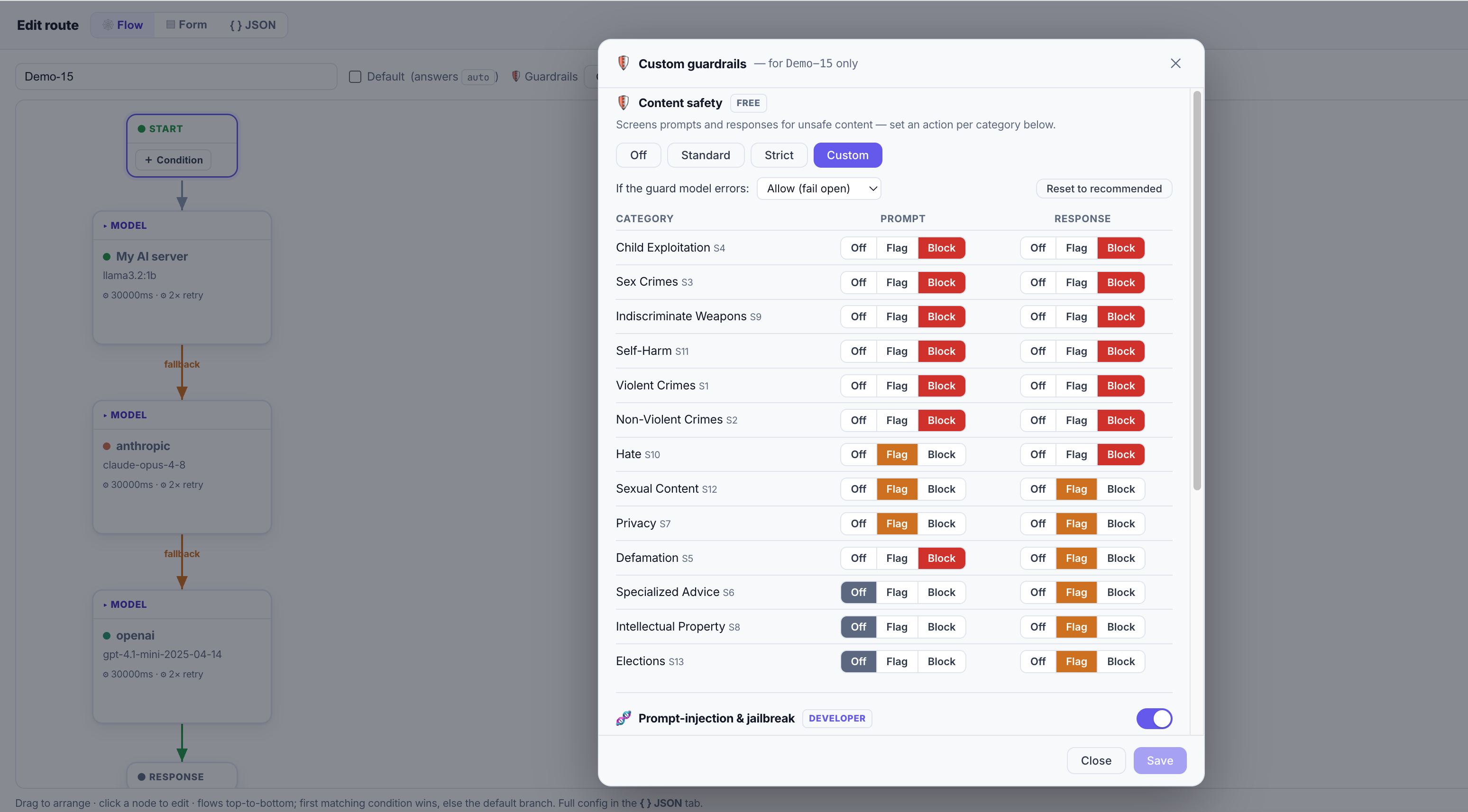 Custom guardrails panel for a single route, titled for Demo-15 only, with the content-safety category table, fail-open selector, and the prompt-injection toggle
