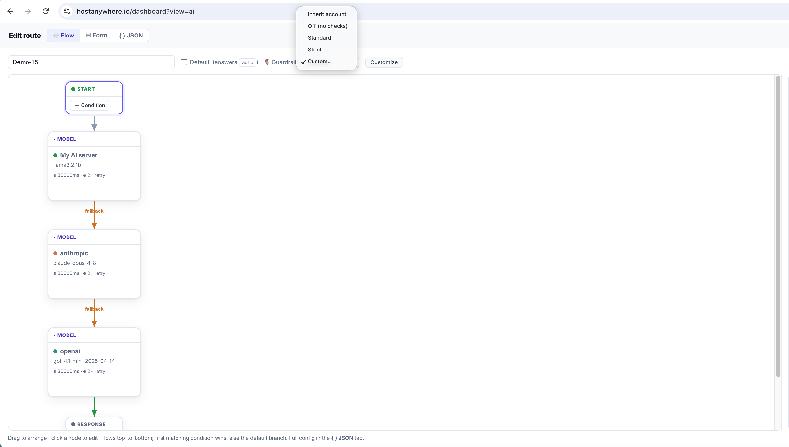 Edit route header with the Guardrails dropdown open, showing Inherit account, Off (no checks), Standard, Strict, and Custom… with Custom selected, next to a Customize button