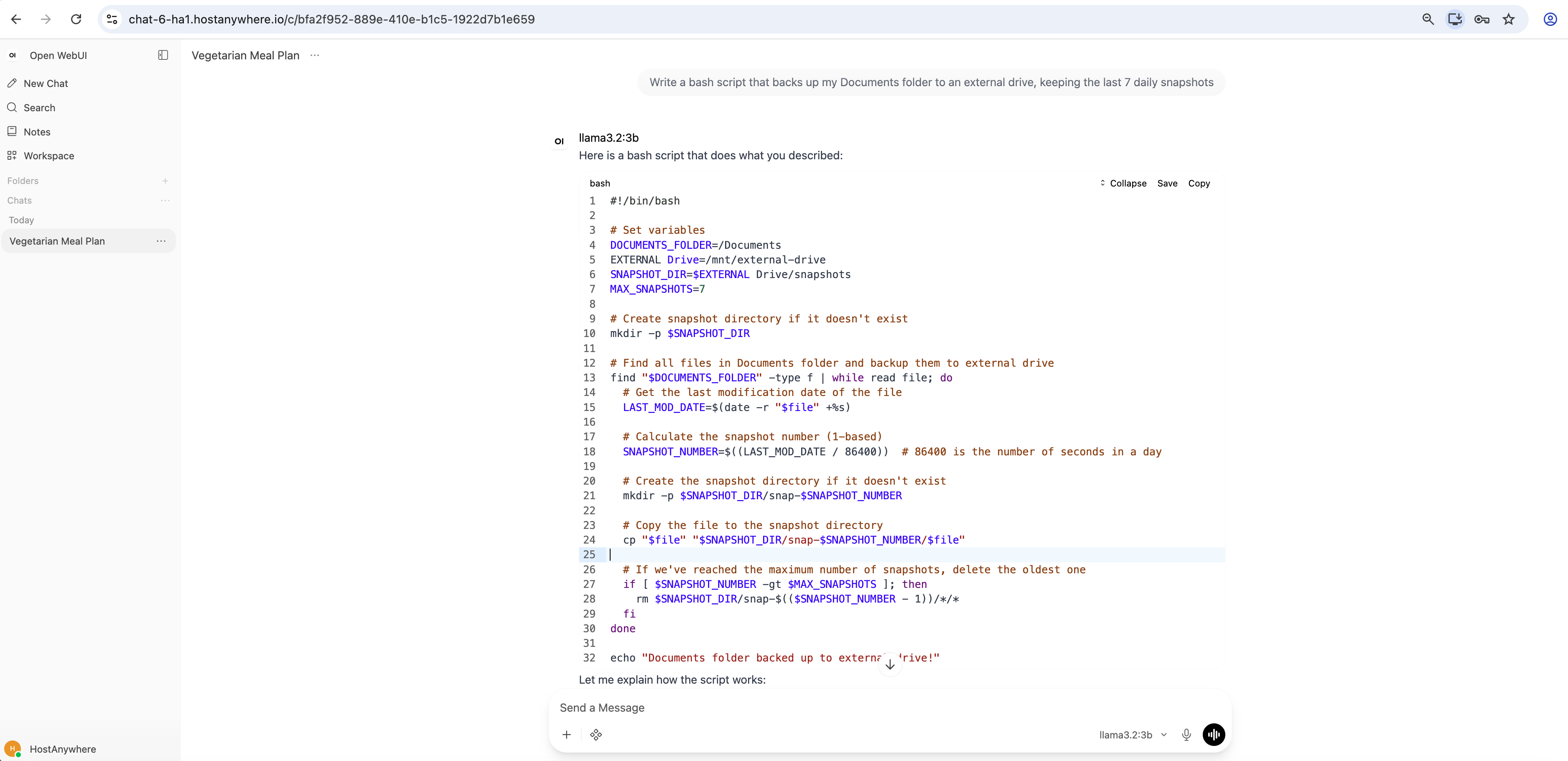 Llama 3.2 3B answering locally in Open WebUI with a syntax-highlighted bash script