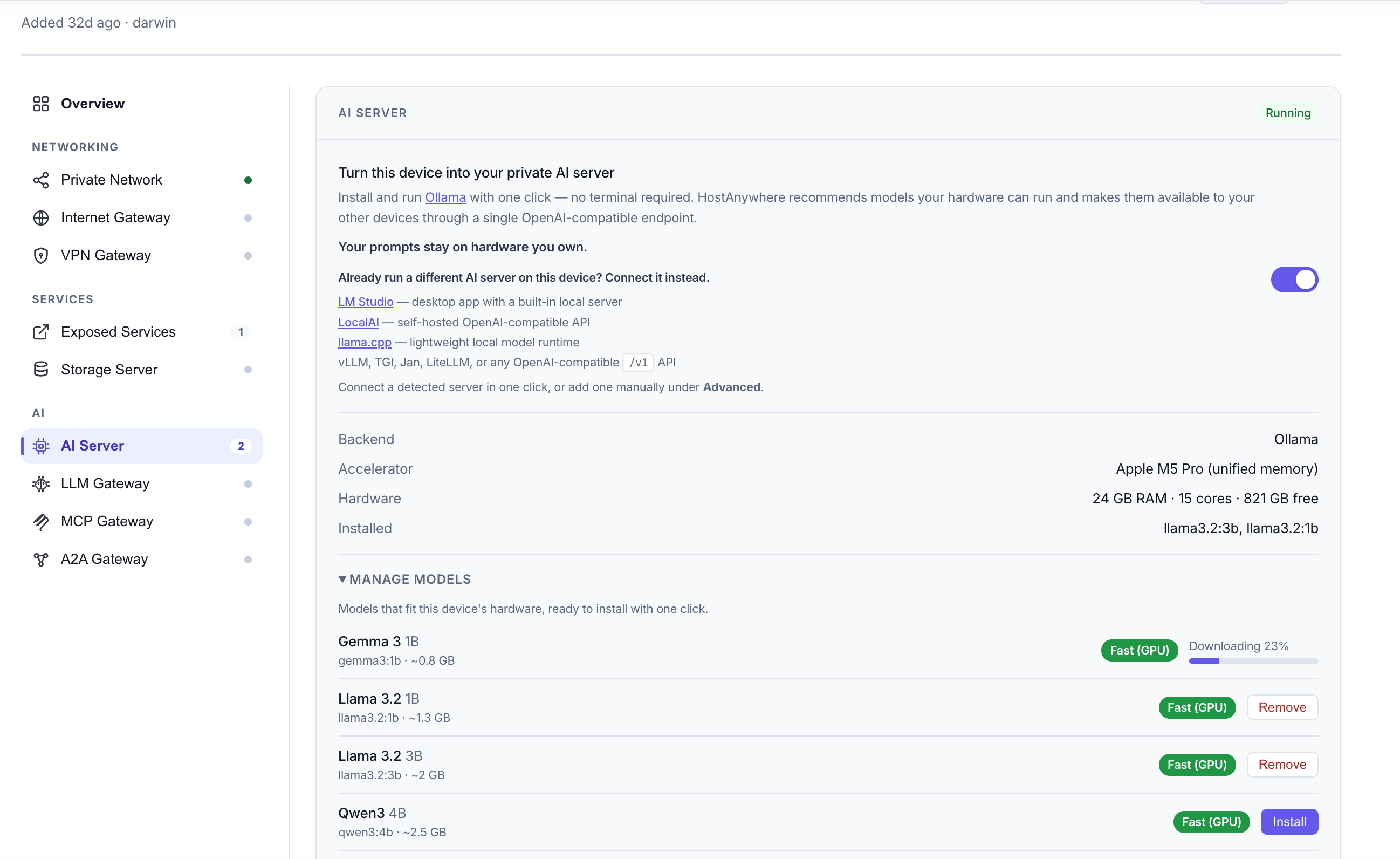 Installing a local LLM from the hardware-matched model catalog