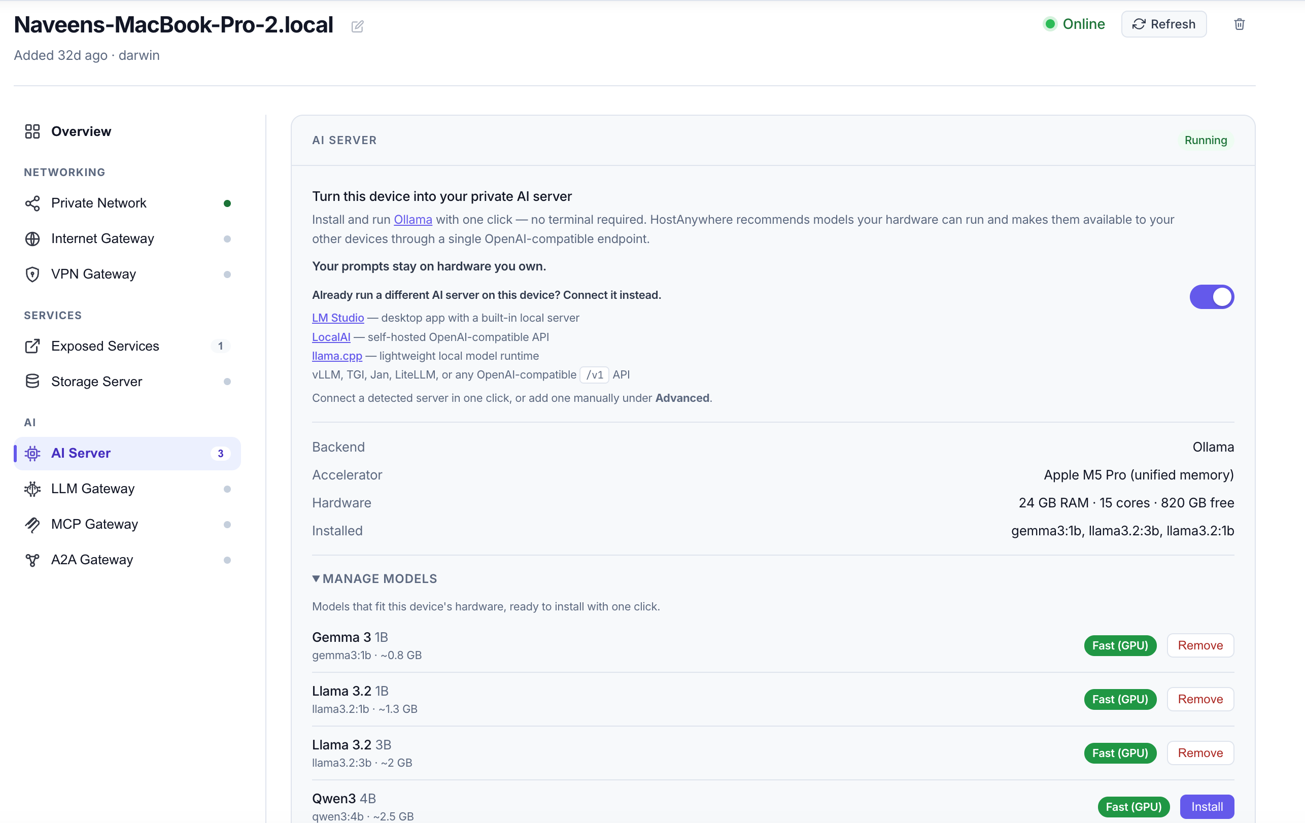Home AI server dashboard on Apple Silicon — installed local LLMs and hardware-fit model catalog