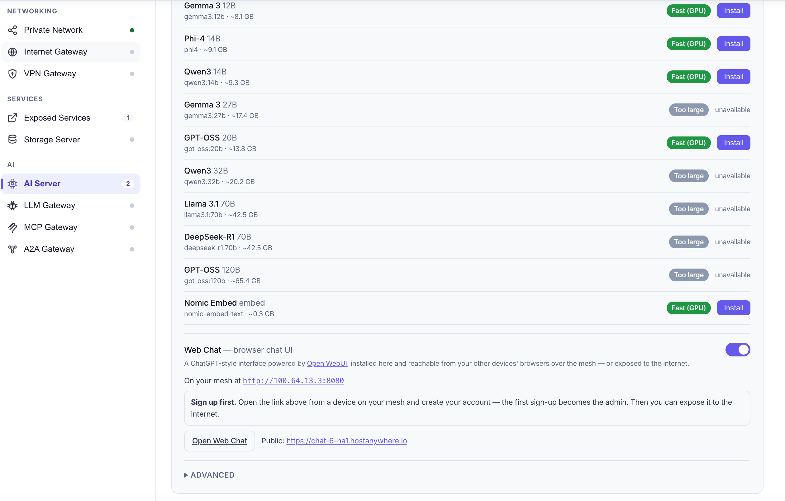 Open WebUI web chat installed and running on the home AI server