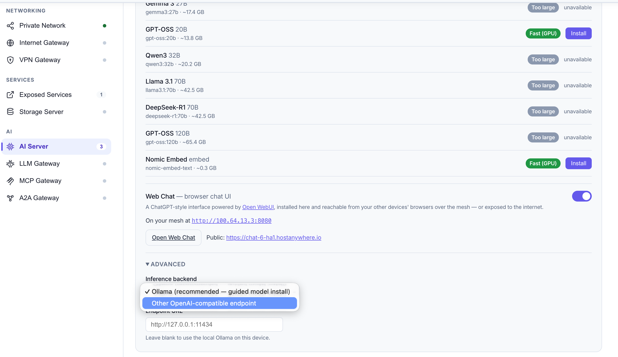 Connecting an existing OpenAI-compatible backend (LM Studio, llama.cpp, vLLM) to the home AI server