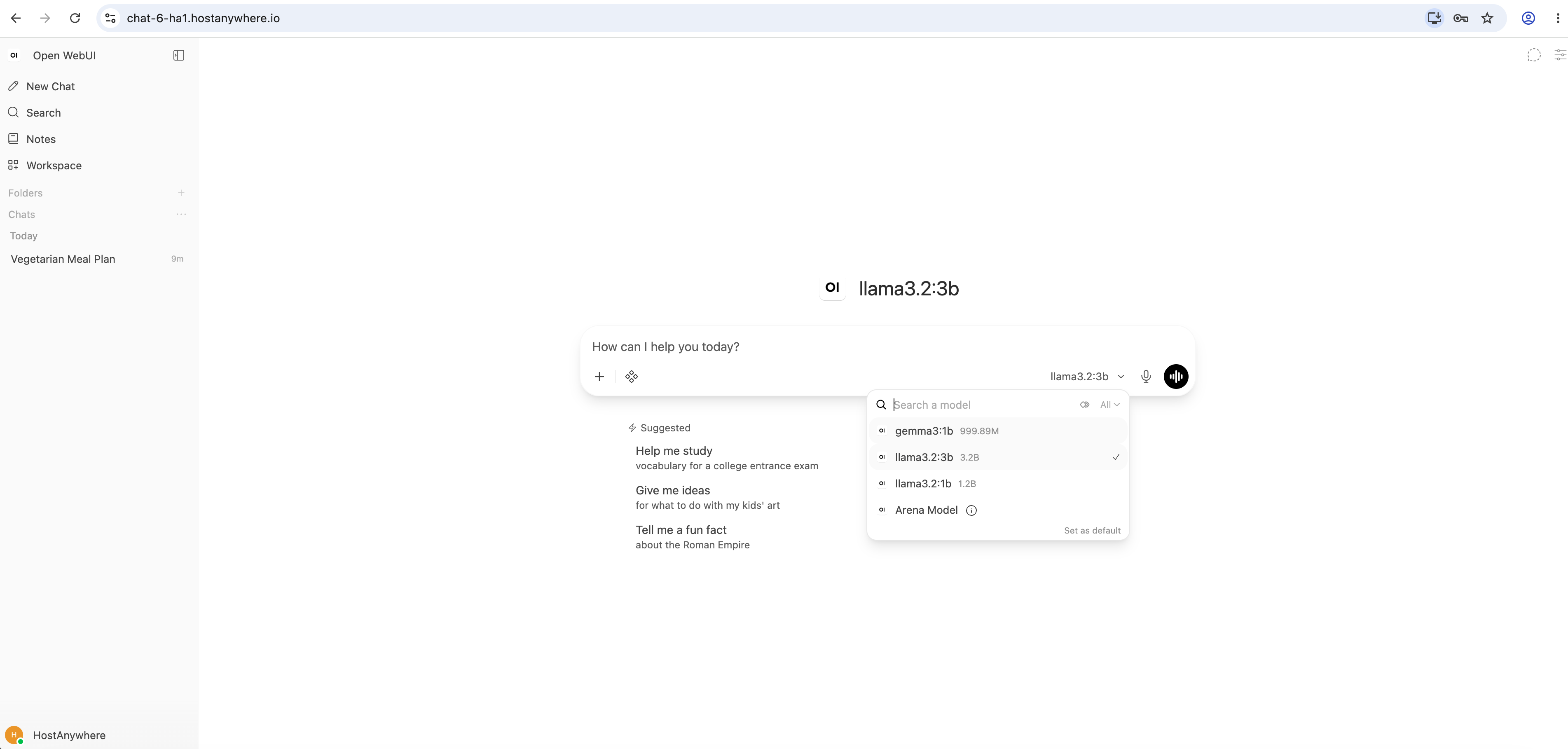 Choosing a local LLM from the model dropdown in Open WebUI