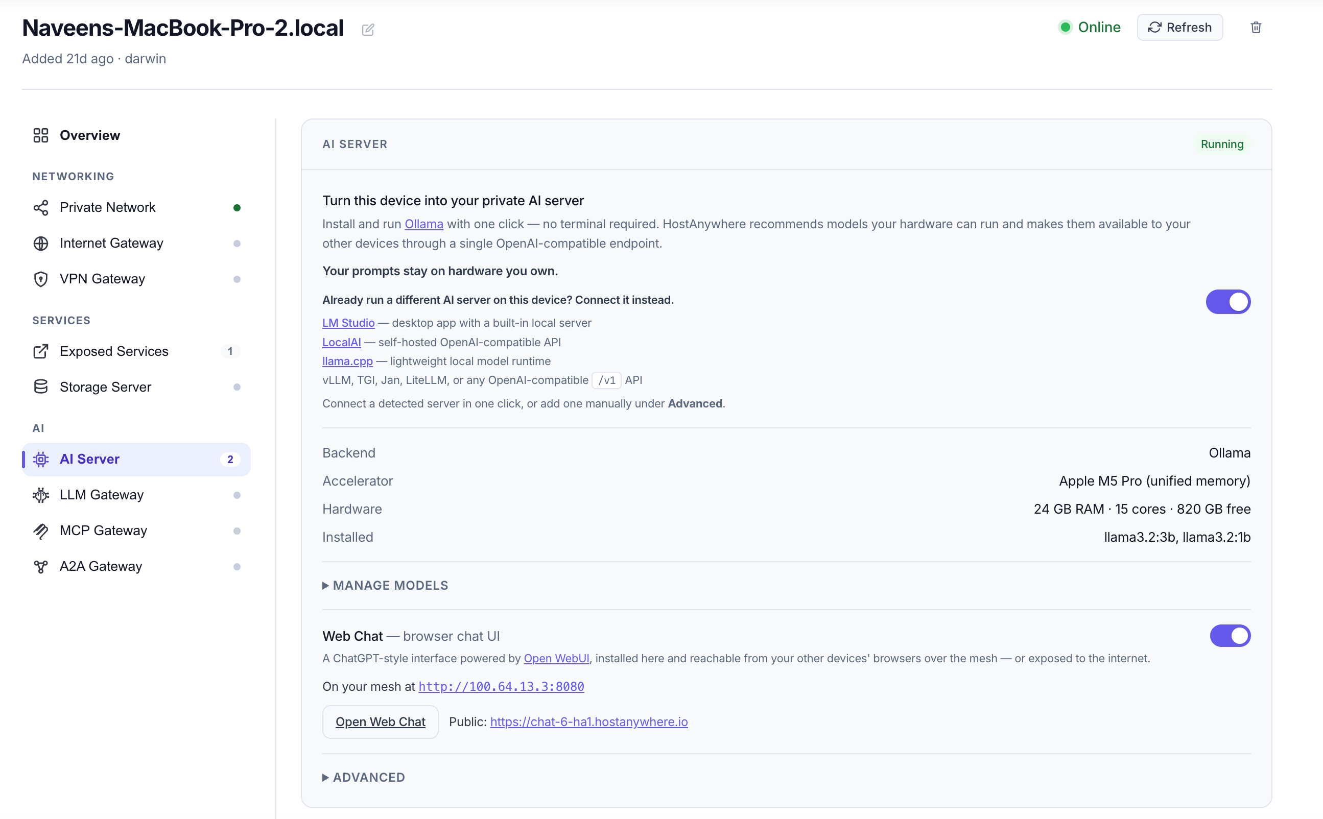 The AI Server panel on a device — one-click Ollama, the installed model, hardware summary, and Web Chat with private and public URLs.