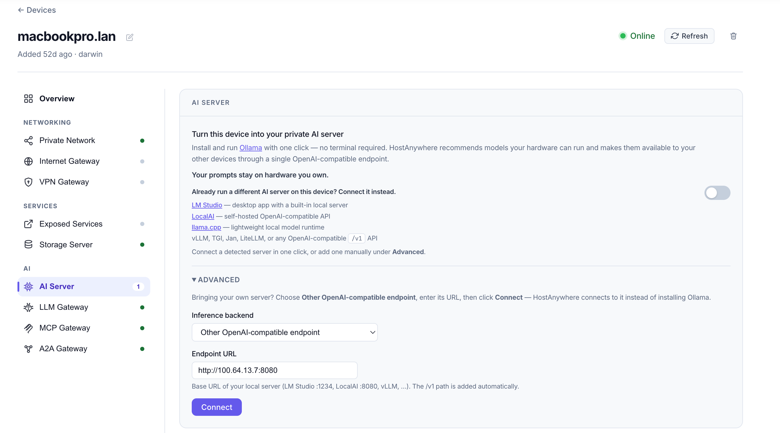Bring your own backend: set the inference backend to any OpenAI-compatible endpoint (LM Studio, LocalAI, llama.cpp, vLLM, Jan…) and connect.