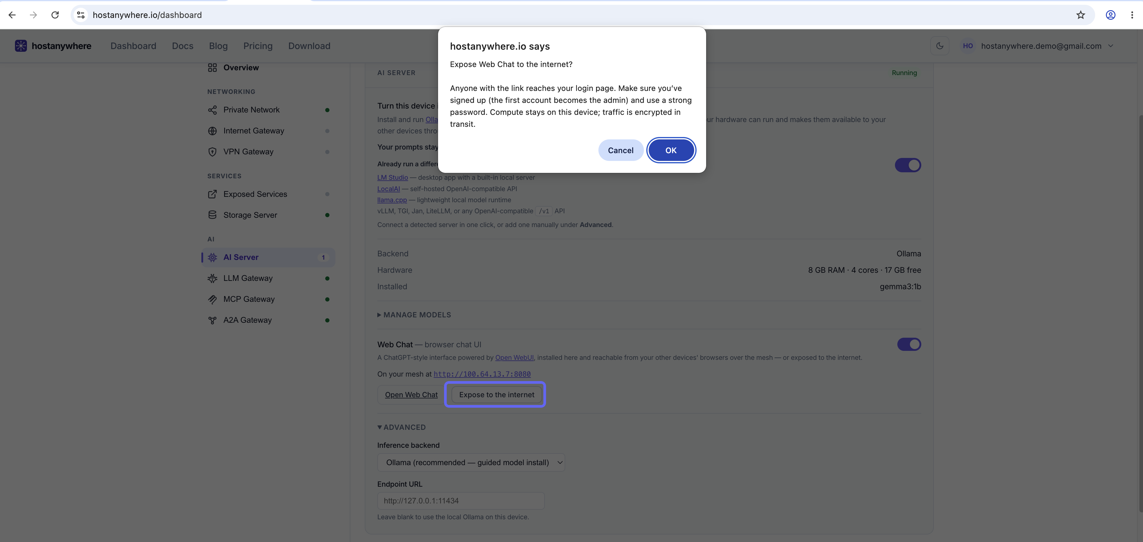 One click on “Expose to the internet” (highlighted) publishes Web Chat at a public HTTPS URL — after a confirmation that reminds you to protect the admin login.