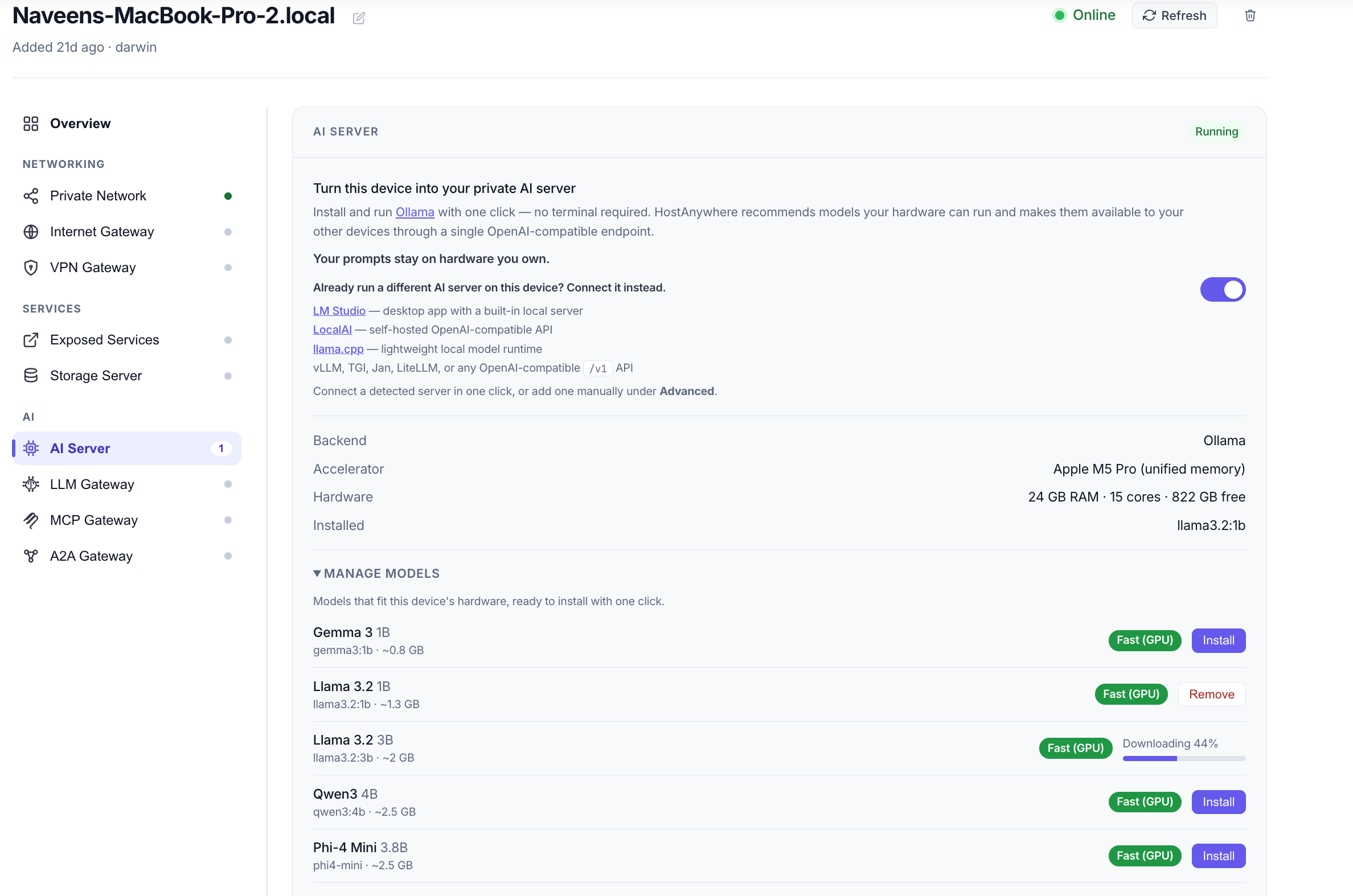 Manage models: pick a suggested open model and install it, with progress shown inline.