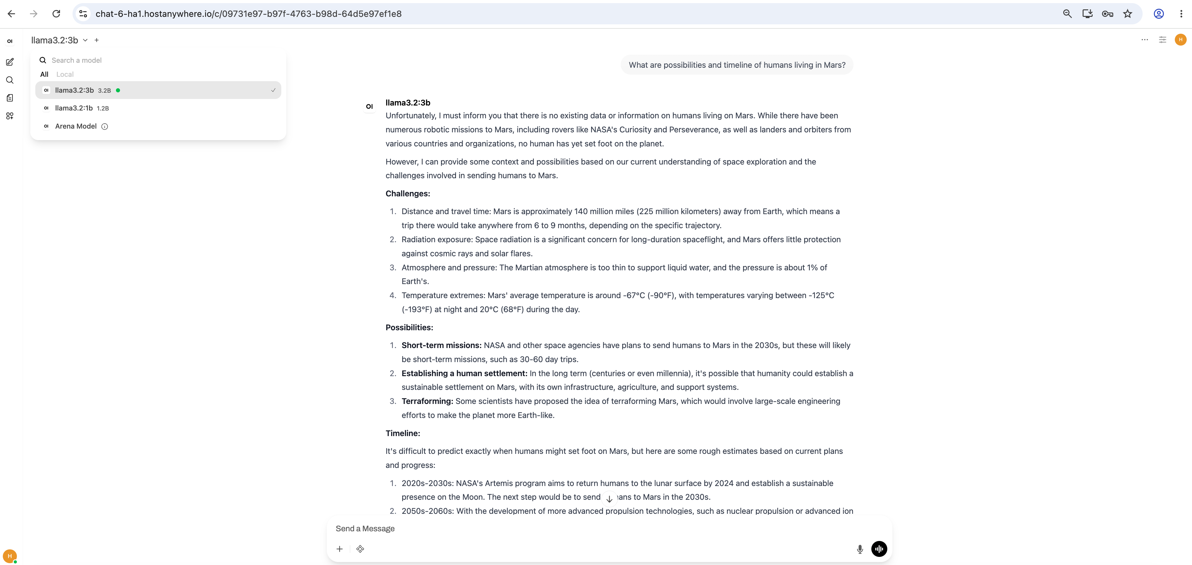Chatting with your own model in Web Chat — the response is generated on your hardware.