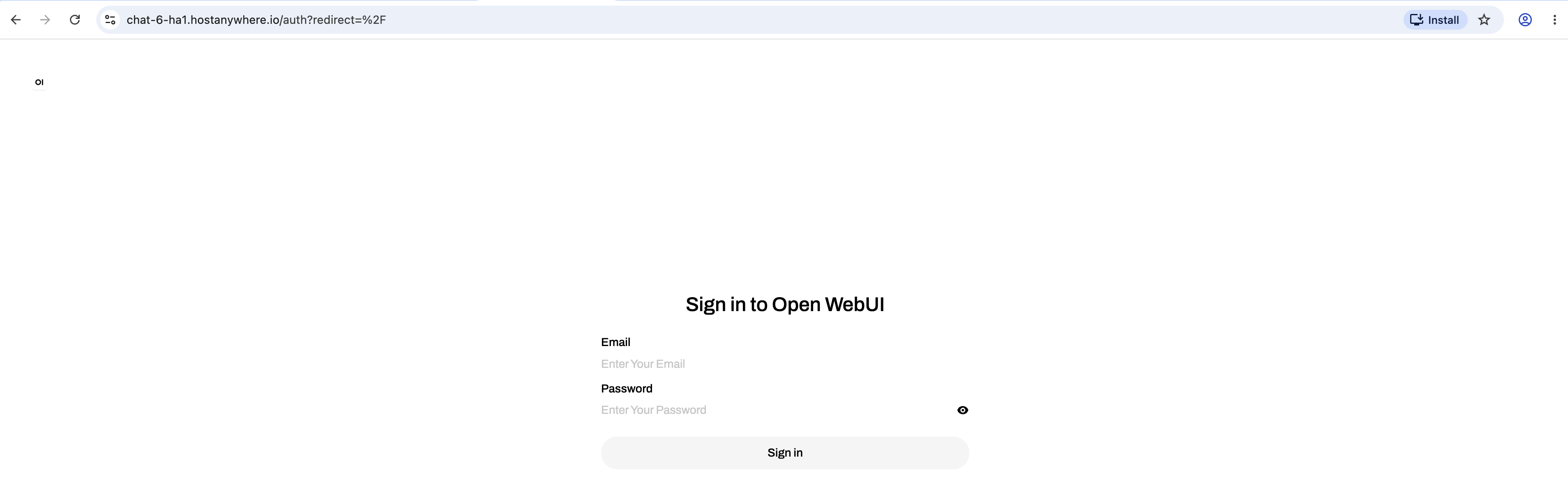 First run of Web Chat (Open WebUI): the first person to sign up becomes the admin — there is no default password.