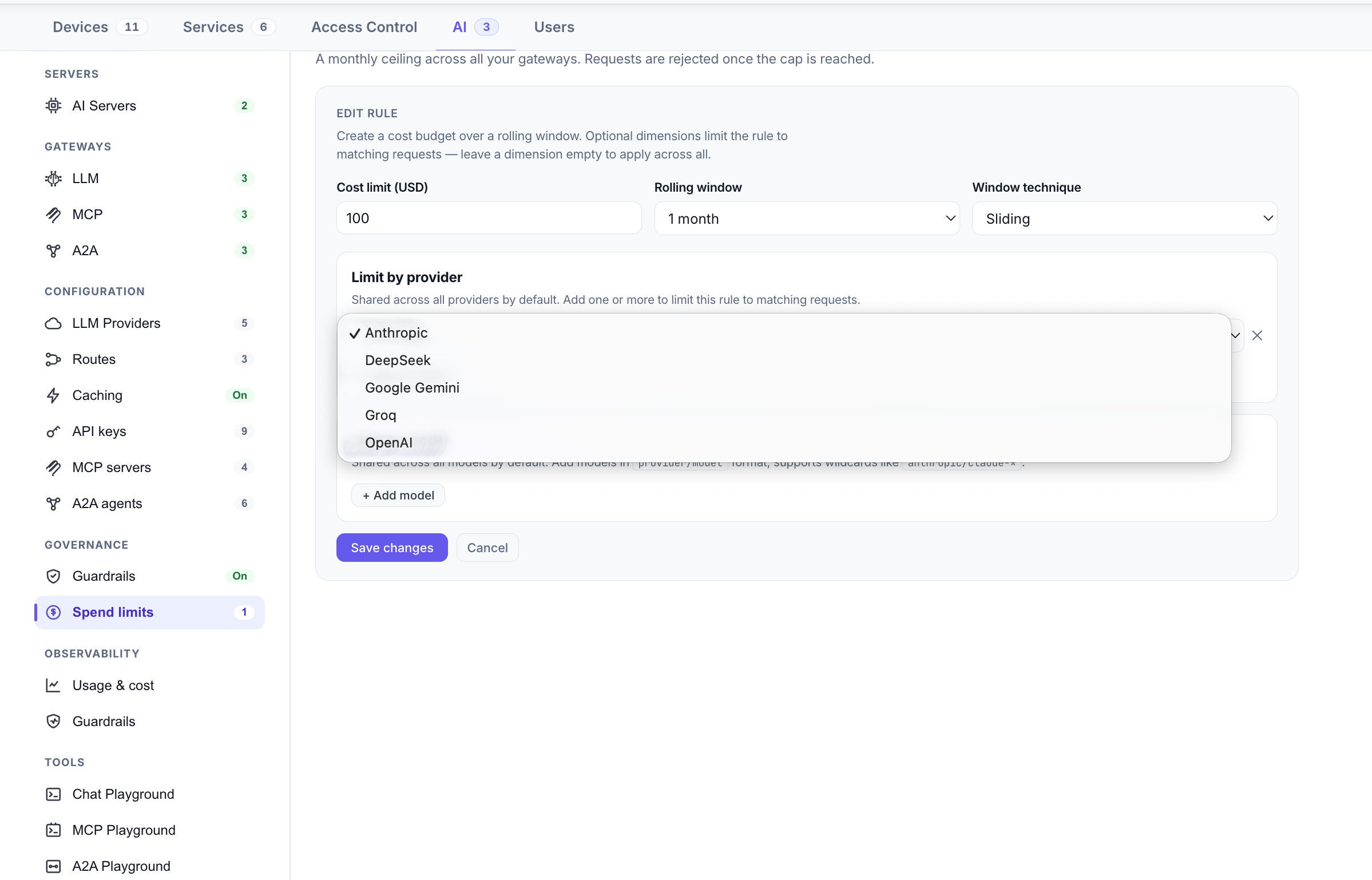 Edit rule form under AI → Spend limits: cost limit 100 USD, rolling window 1 month, window technique Sliding, and a Limit by provider dropdown listing Anthropic, DeepSeek, Google Gemini, Groq, and OpenAI