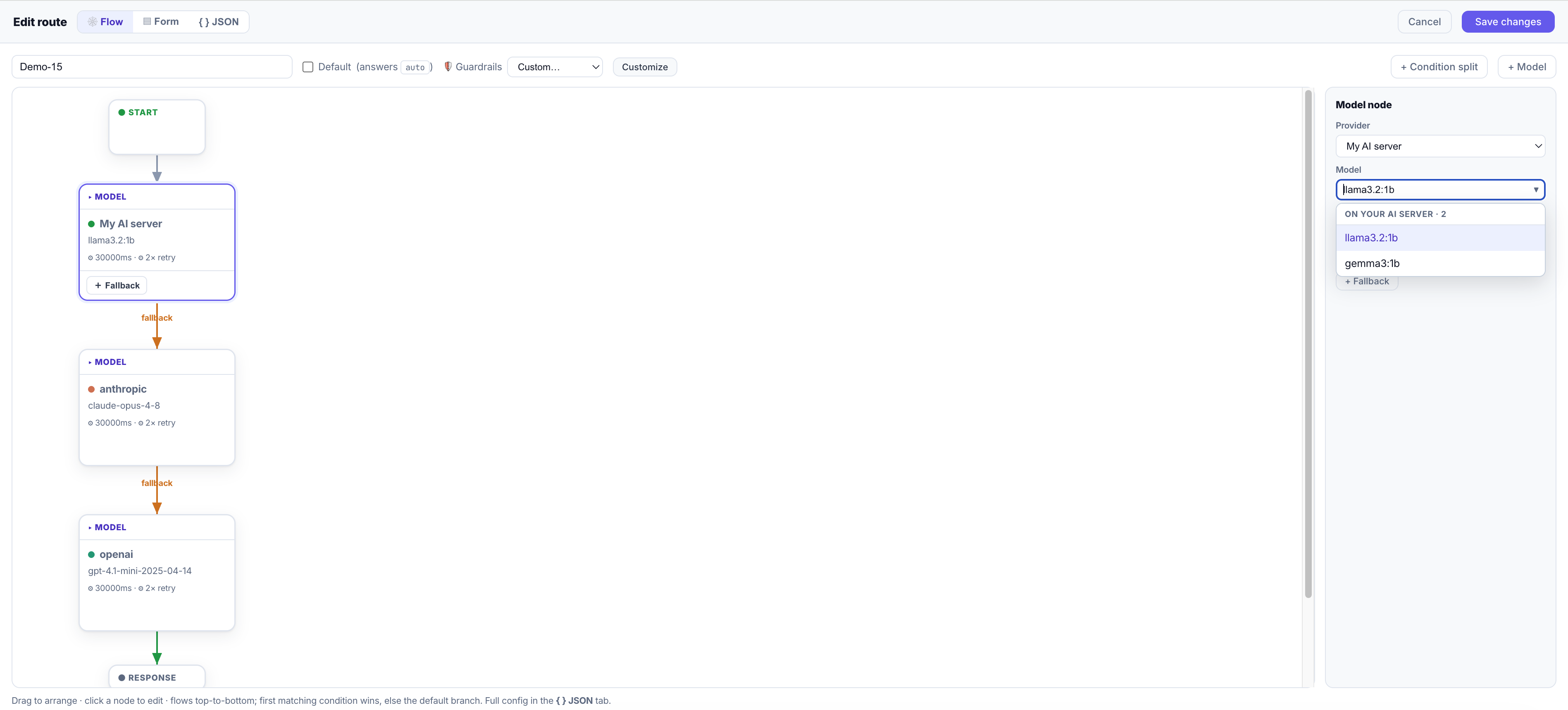 Model node panel with the provider set to My AI server and the model picker listing models on your AI server