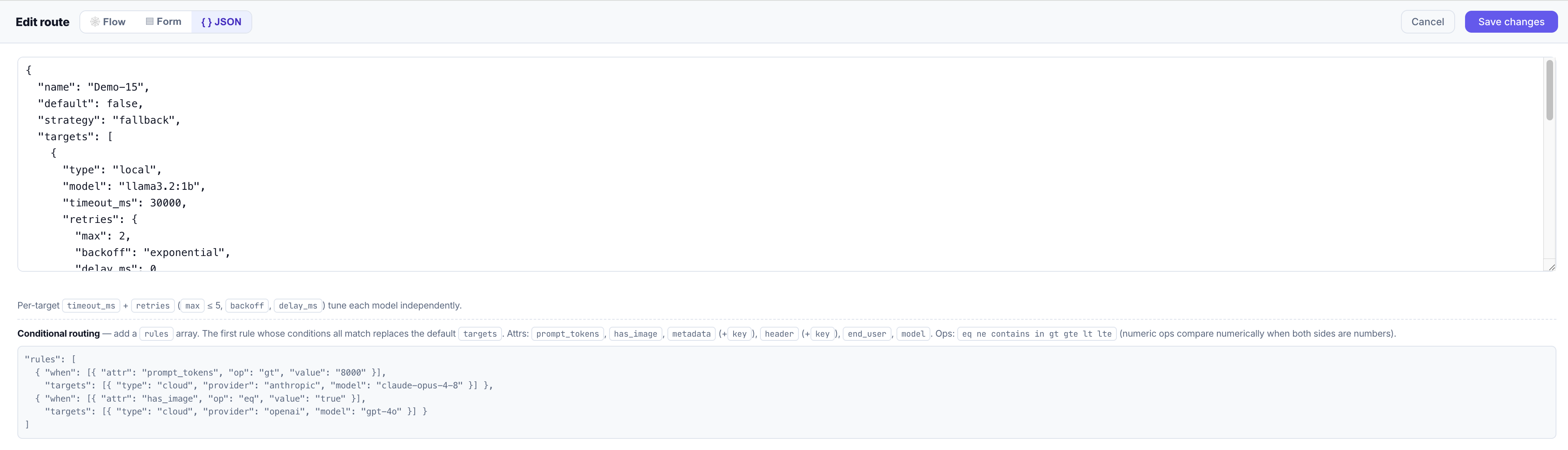 The JSON editor showing the route definition and an inline reference for conditional-routing attributes and operators